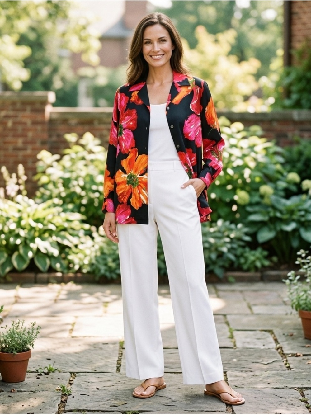 100% silk Shirt Jacket black with Pink & Orange Floral Print